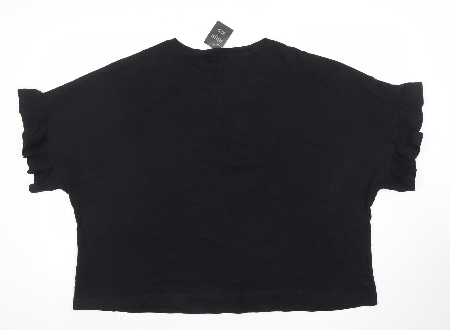 JWILLIAMS Womens Black Cotton Ruffle Sleeve Relaxed Fit T-Shirt Size 26