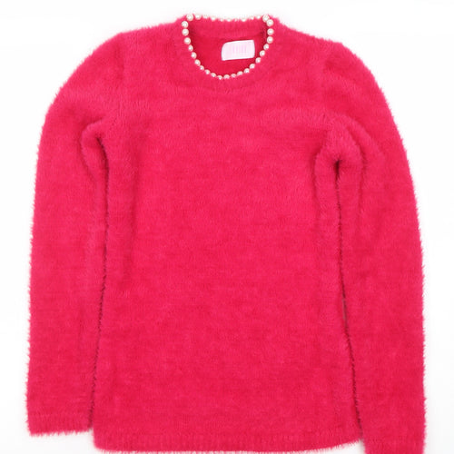 Savida Women Pink XS Beaded Crew Neck Fluffy Jumper