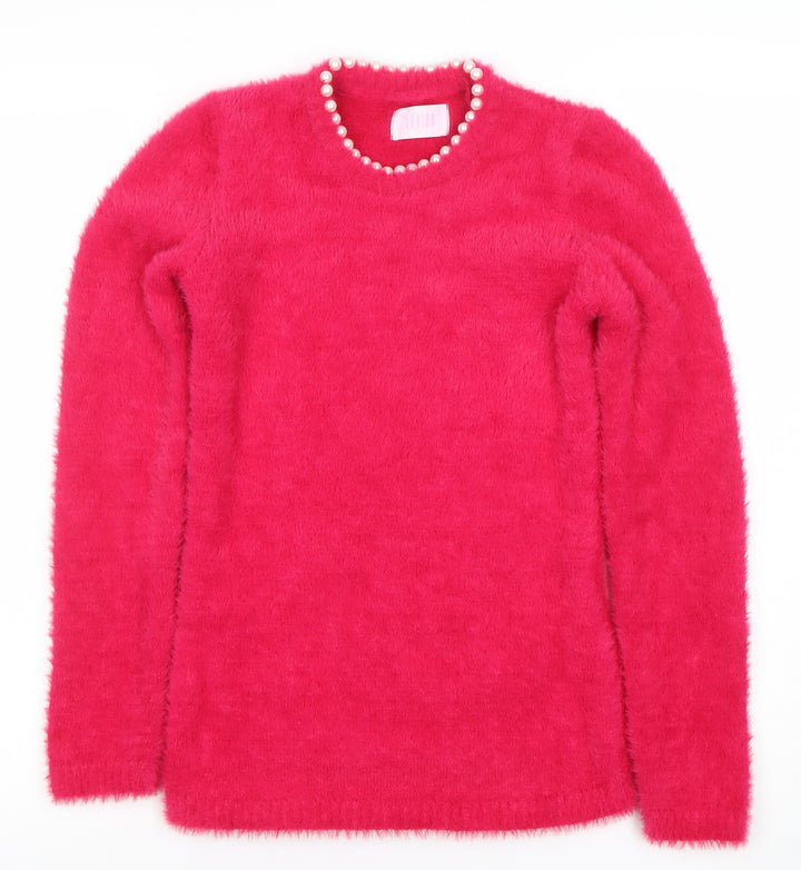Savida Women Pink XS Beaded Crew Neck Fluffy Jumper