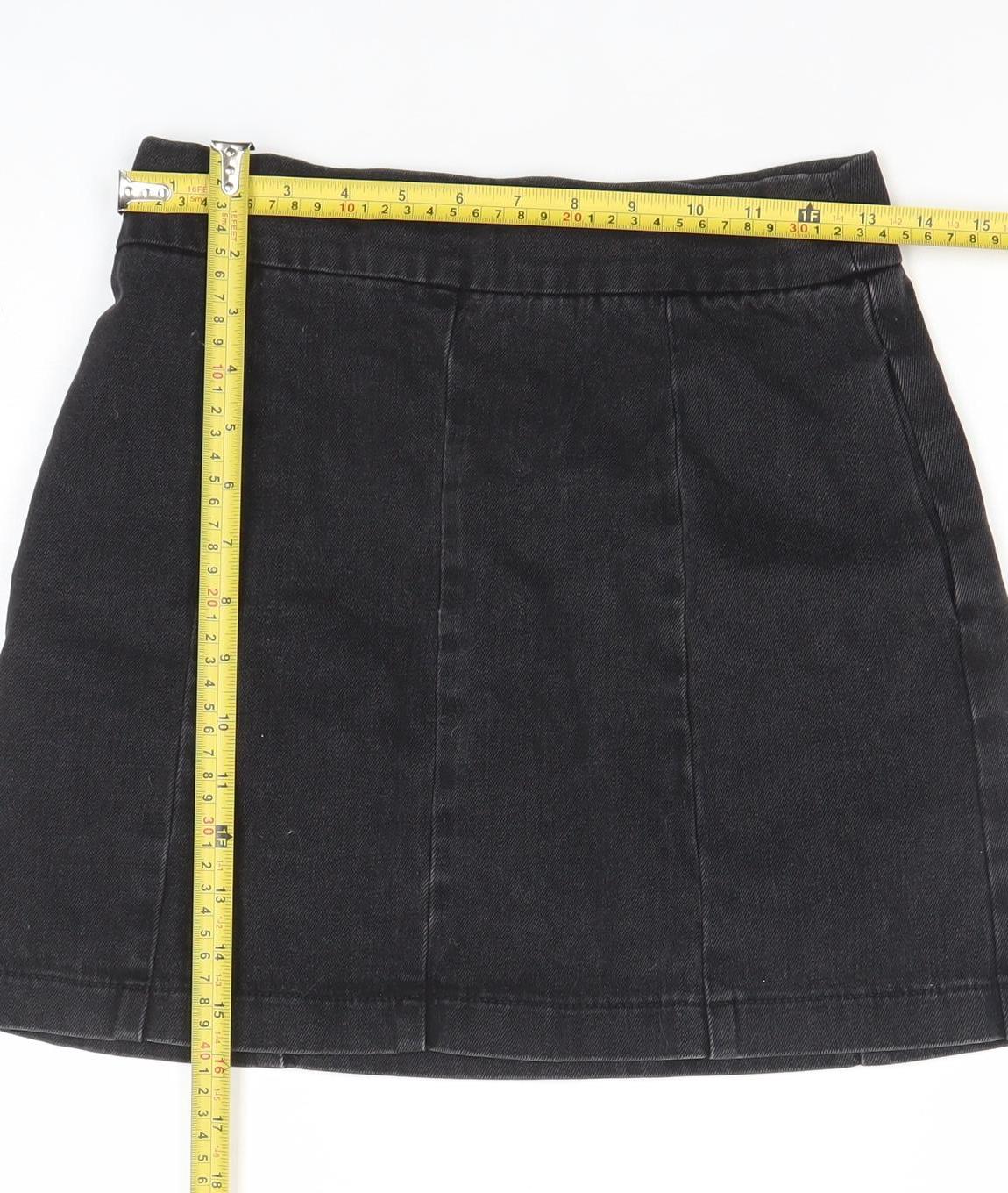 Topshop Women’s Black Denim A-Line Mini Skirt Size 8 Zip Detail
