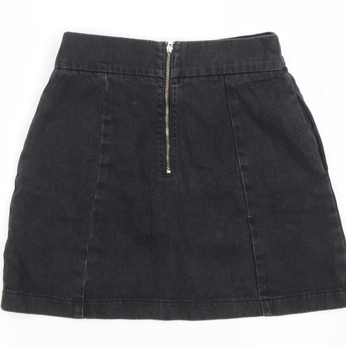 Topshop Women’s Black Denim A-Line Mini Skirt Size 8 Zip Detail