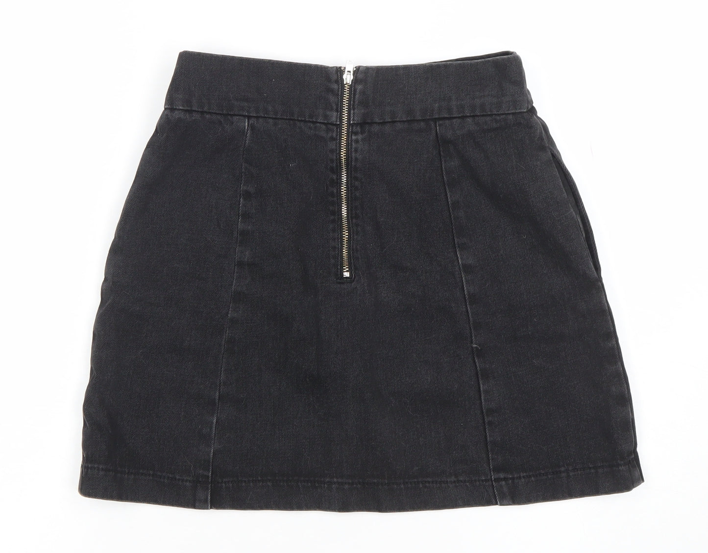 Topshop Women’s Black Denim A-Line Mini Skirt Size 8 Zip Detail