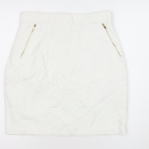 H&M Women White Cotton Blend Pencil Skirt Size 14 Lined Zip Detail