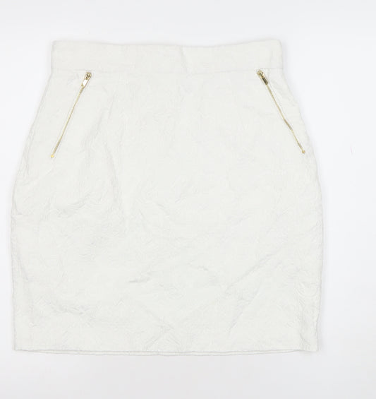 H&M Women White Cotton Blend Pencil Skirt Size 14 Lined Zip Detail
