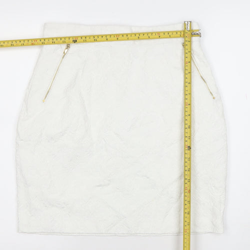 H&M Women White Cotton Blend Pencil Skirt Size 14 Lined Zip Detail