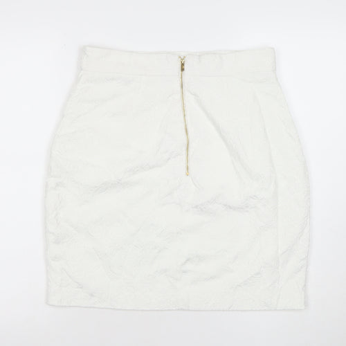 H&M Women White Cotton Blend Pencil Skirt Size 14 Lined Zip Detail