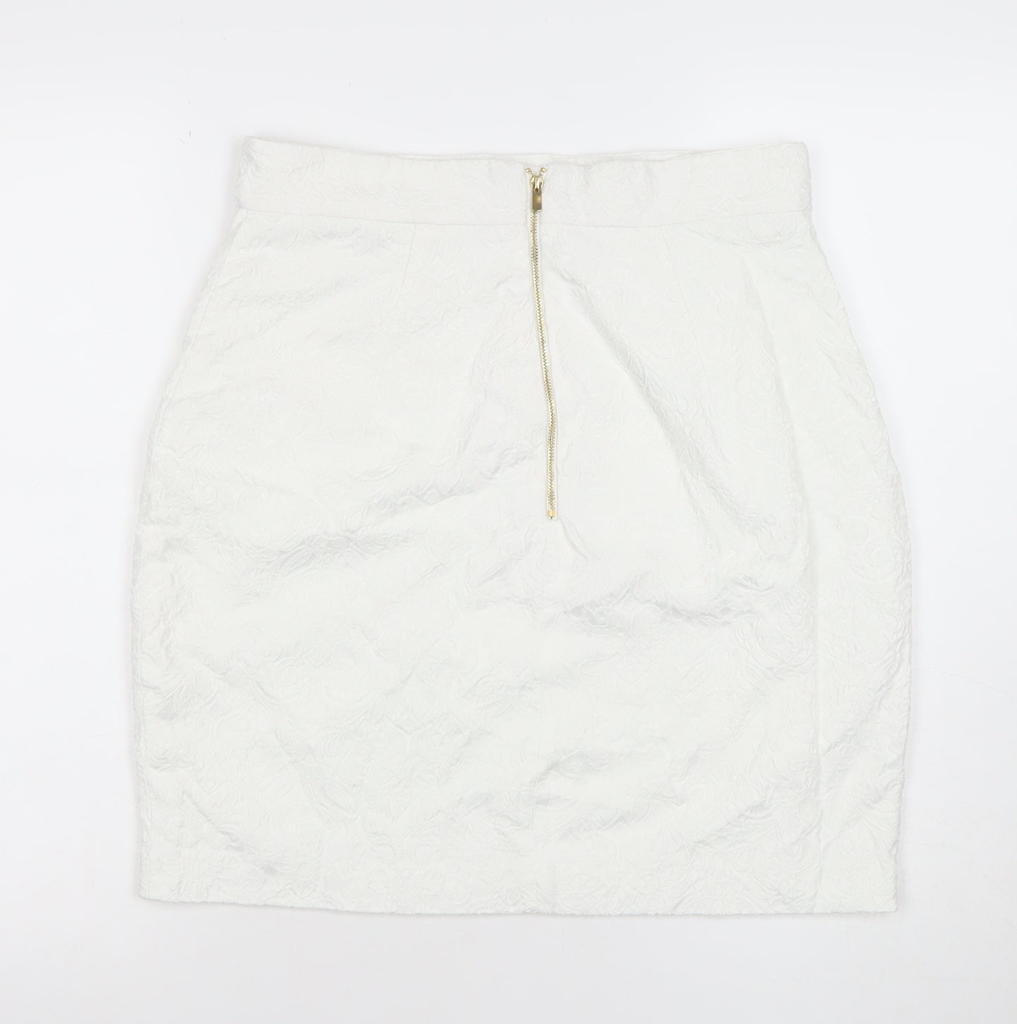 H&M Women White Cotton Blend Pencil Skirt Size 14 Lined Zip Detail