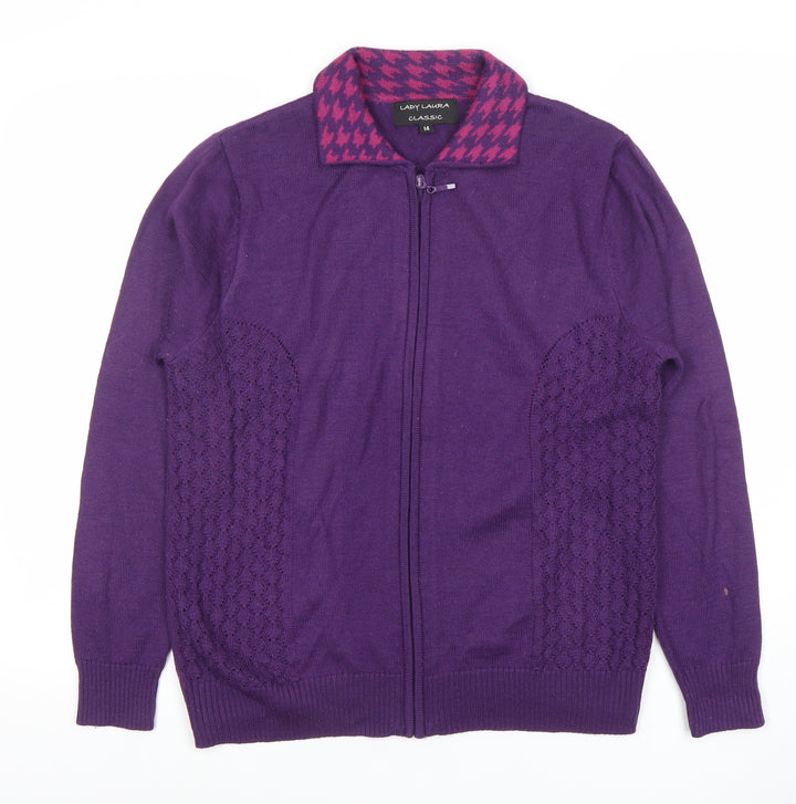 Lady Laura Womens Purple Full Zip Collared Wool Blend Jumper Size 14