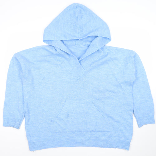 Gallery Women's Blue Hooded V-Neck Knit Pullover Jumper Size 16