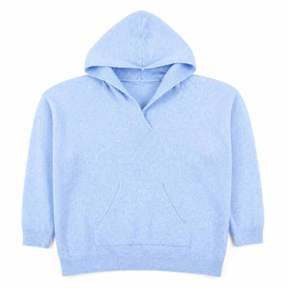 Front view of Gallery Women's Blue Hooded V-Neck Knit jumper, size 16