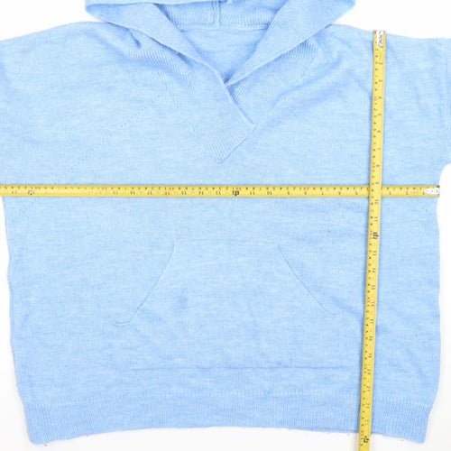 Gallery Women's Blue Hooded V-Neck Knit Pullover Jumper Size 16
