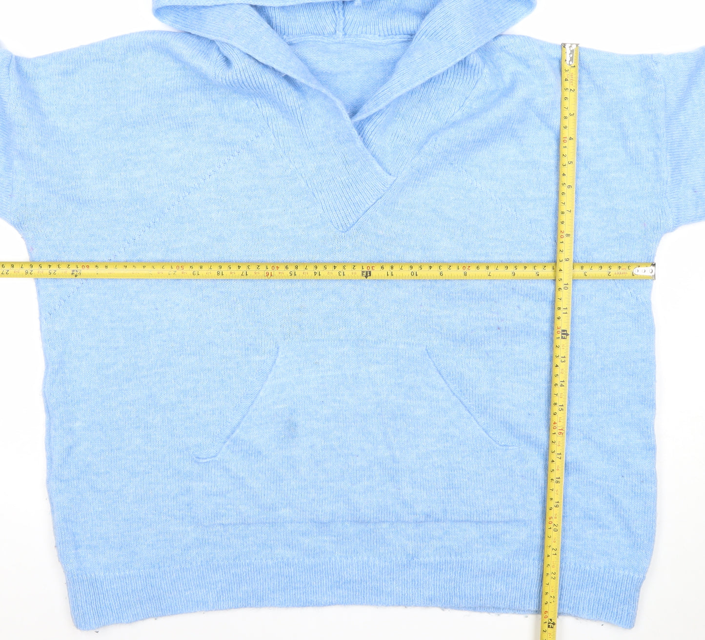 Gallery Women's Blue Hooded V-Neck Knit Pullover Jumper Size 16