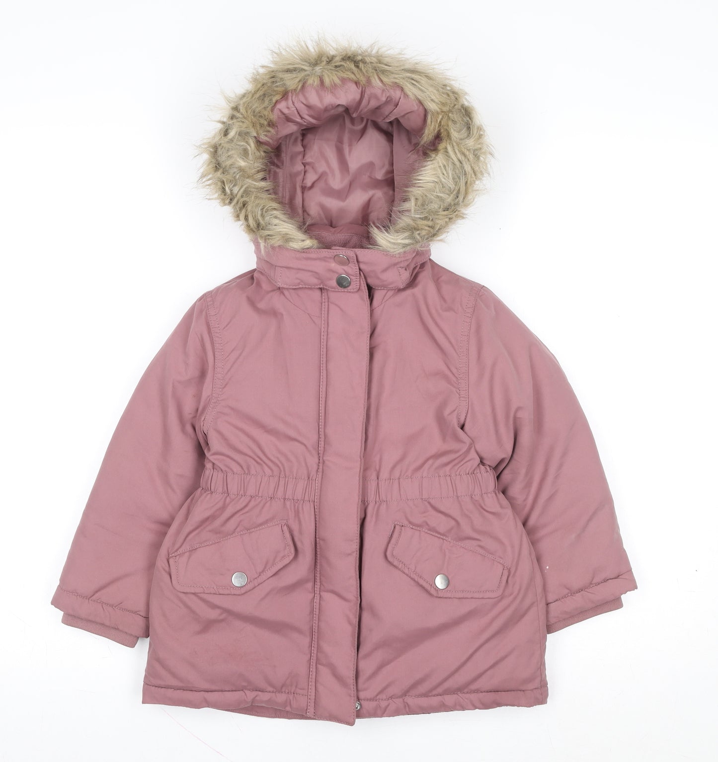 H&M Girls Pink Faux Fur Hooded Padded Parka Coat 3-4 Years