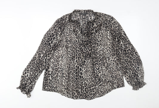 Dunnes Womens Grey Leopard Print Ruffle Tunic Blouse Size 16
