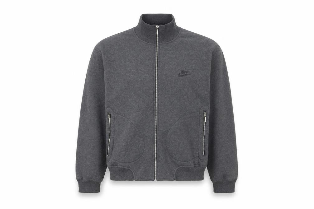 Front view of Nike men’s grey m track jacket full zip cotton blend casual