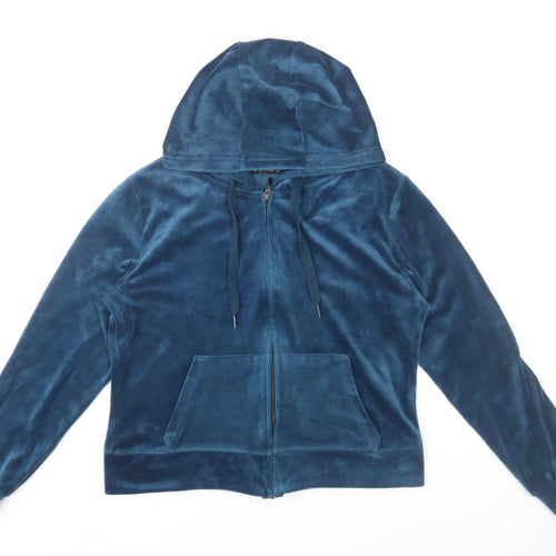 Dunnes Women's Blue Velour Hooded Zip Track Jacket Size 12