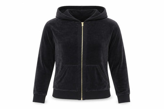 Front view of Hobbs Women Black XS Velvet Zip Hooded Track Jacket