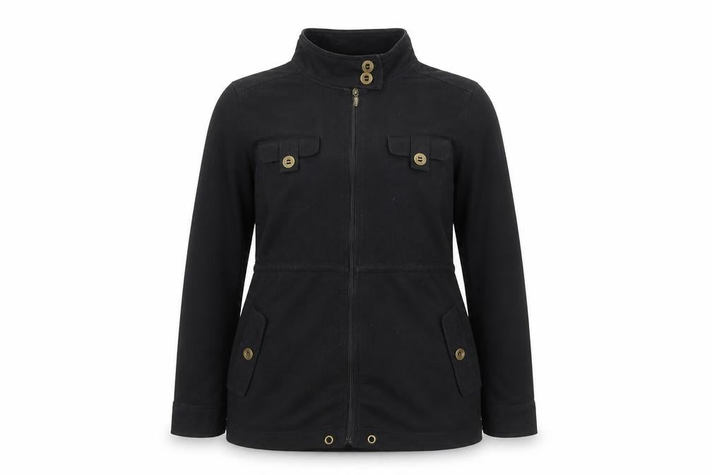 Front view of Bonmarché Women's Black Military Style Zip Jacket with Buttons, size M