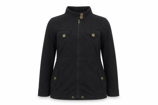 Front view of Bonmarché Women's Black Military Style Zip Jacket with Buttons, size M