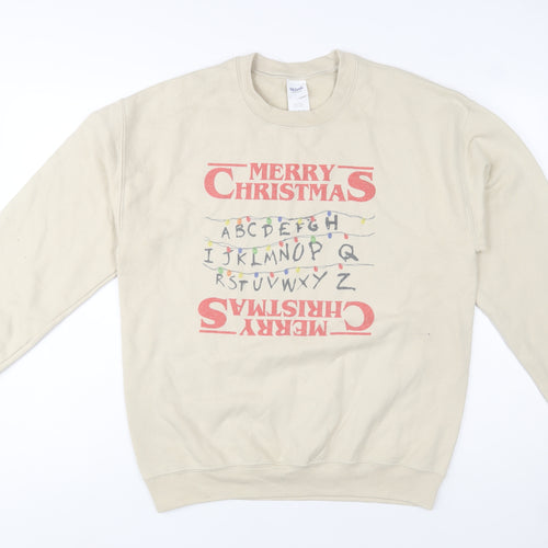 Gildan Mens Beige Merry Christmas Graphic Pullover Sweatshirt M