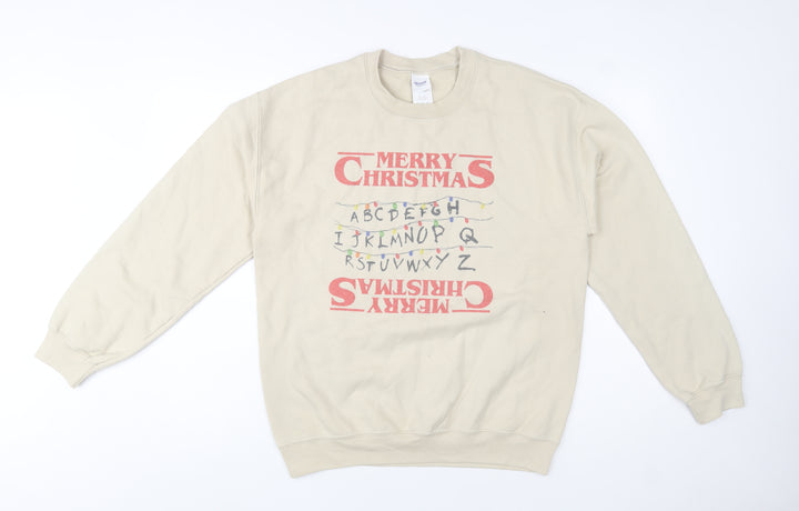 Gildan Mens Beige Merry Christmas Graphic Pullover Sweatshirt M