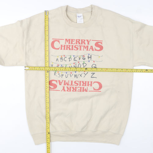 Gildan Mens Beige Merry Christmas Graphic Pullover Sweatshirt M