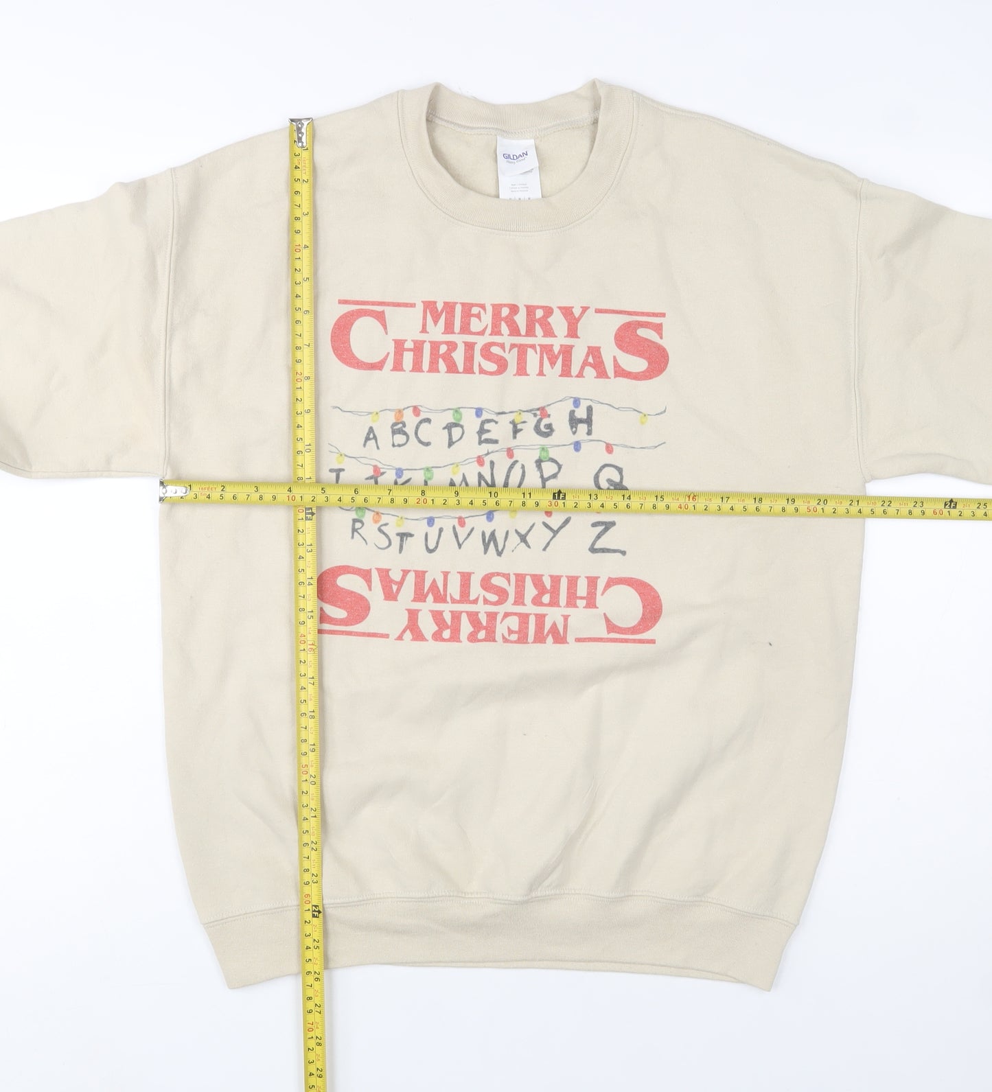 Gildan Mens Beige Merry Christmas Graphic Pullover Sweatshirt M
