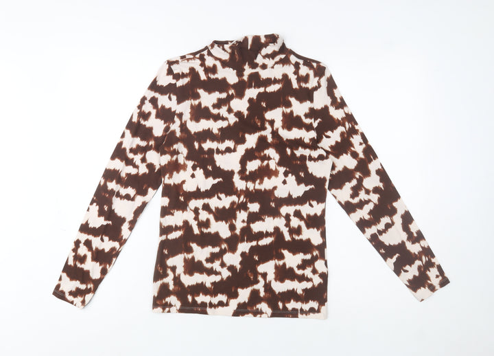 Marks and Spencer Women Brown Animal Print Cotton Roll Neck Top Size 10