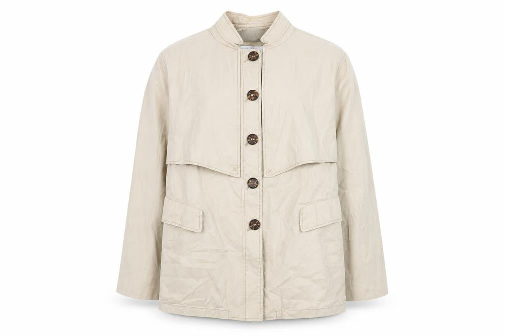 Front view of Elisabeth women’s beige cotton blend button up mid-length jacket xl
