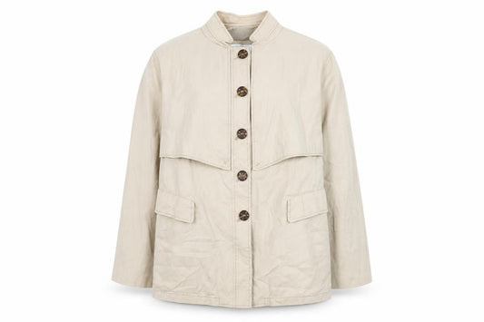 Front view of Elisabeth women’s beige cotton blend button up mid-length jacket xl