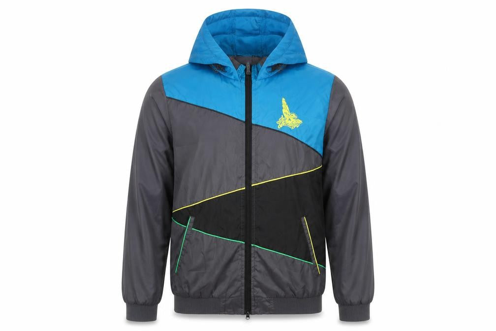 Front view of Henleys Men's Blue & Grey Hooded Full Zip Windbreaker Jacket, size M