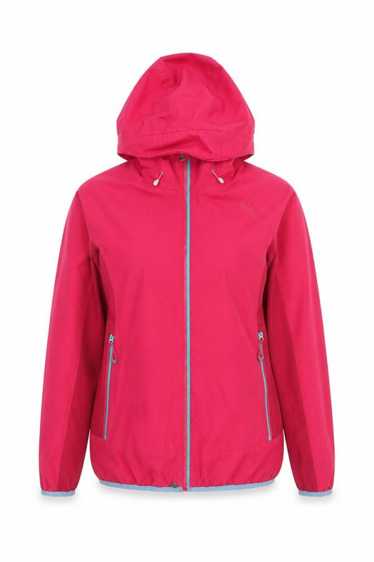 Front view of Regatta women’s pink waterproof hooded rain jacket, size UK 10