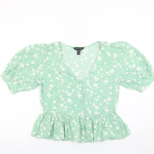 New Look Women Green Floral V-Neck Puff Sleeve Peplum Blouse Size 10