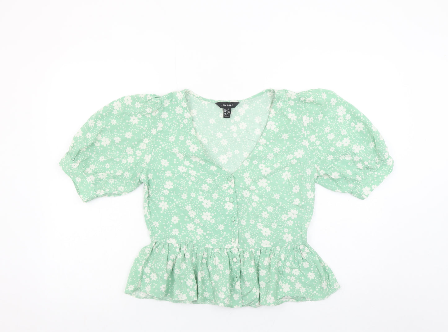 New Look Women Green Floral V-Neck Puff Sleeve Peplum Blouse Size 10