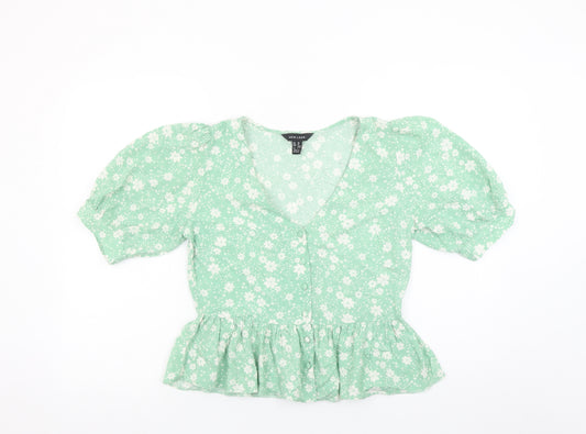 New Look Women Green Floral V-Neck Puff Sleeve Peplum Blouse Size 10