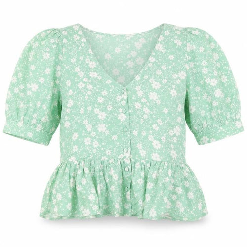 New Look Women Green Floral V-Neck Puff Sleeve Peplum Blouse Size 10