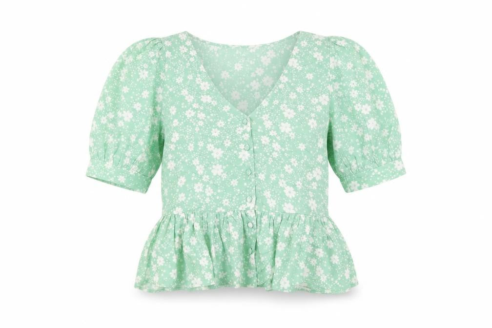 New Look Women Green Floral V-Neck Puff Sleeve Peplum Blouse Size 10