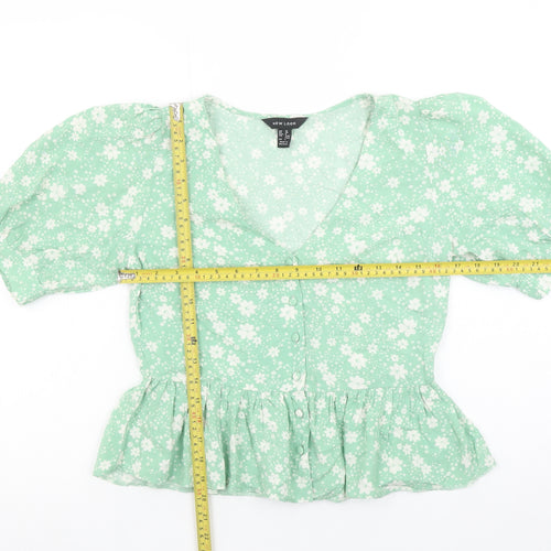 New Look Women Green Floral V-Neck Puff Sleeve Peplum Blouse Size 10