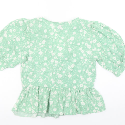 New Look Women Green Floral V-Neck Puff Sleeve Peplum Blouse Size 10