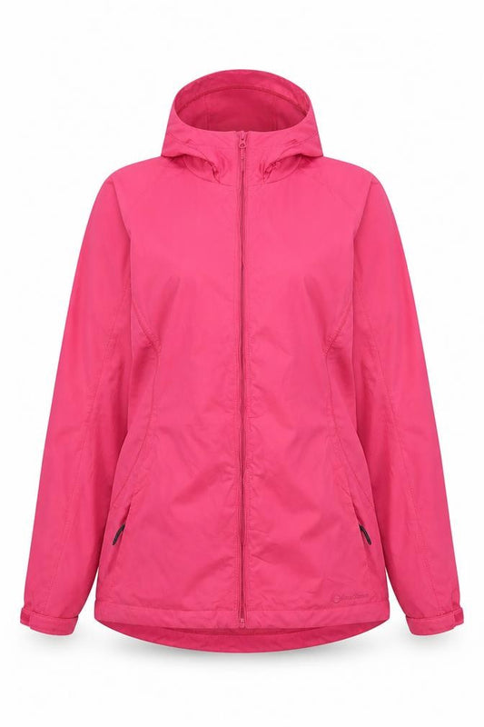 Front view of Peter Storm women’s pink, size UK 12, hooded lightweight rain jacket