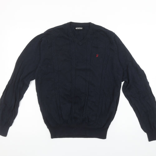 Farah Men’s Blue Cotton V-Neck Cable-Knit Jumper M