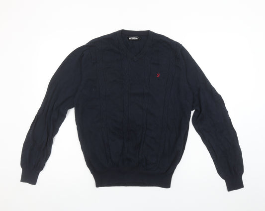 Farah Men’s Blue Cotton V-Neck Cable-Knit Jumper M