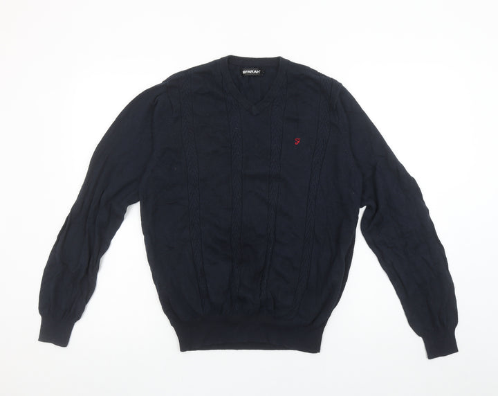 Farah Men’s Blue Cotton V-Neck Cable-Knit Jumper M