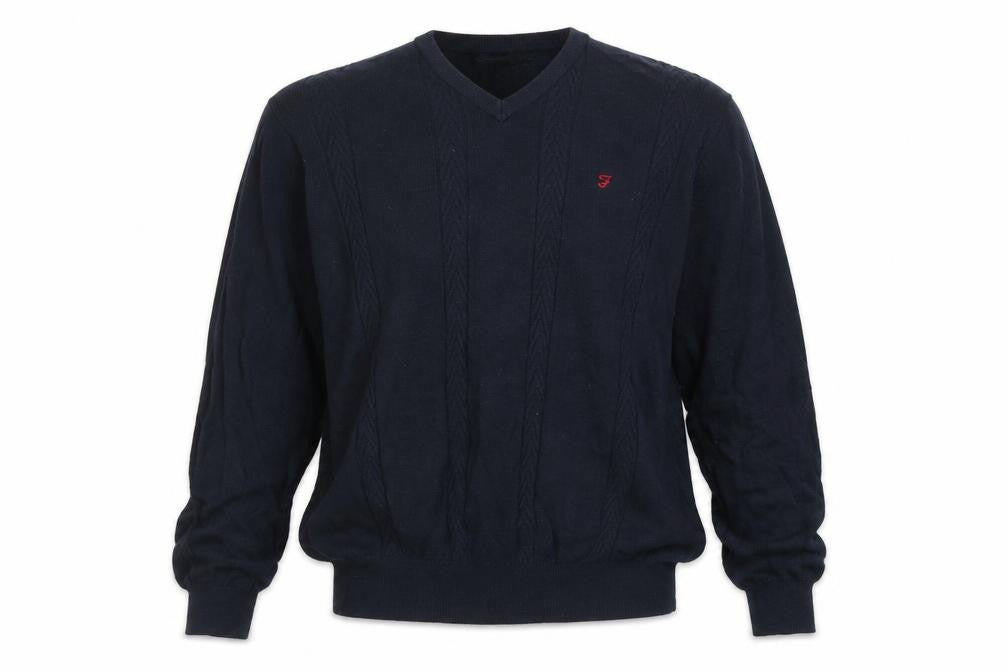 Front view of Farah Men’s Blue Cotton V-Neck Cable-Knit Jumper M