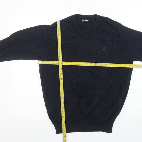Farah Men’s Blue Cotton V-Neck Cable-Knit Jumper M
