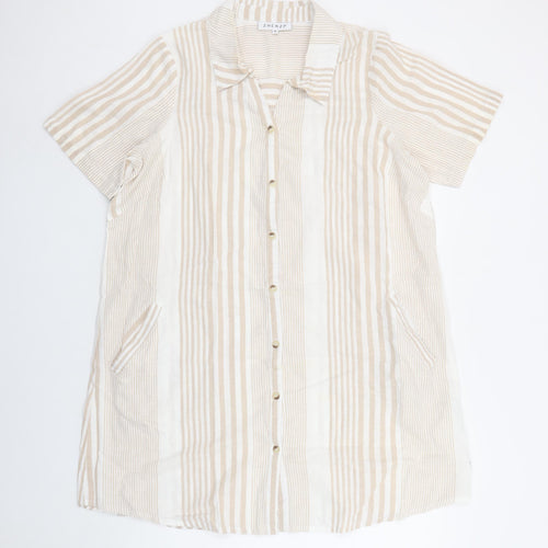Zhenzi Women’s Beige Striped Shirt Dress Short Sleeve S Cotton Linen