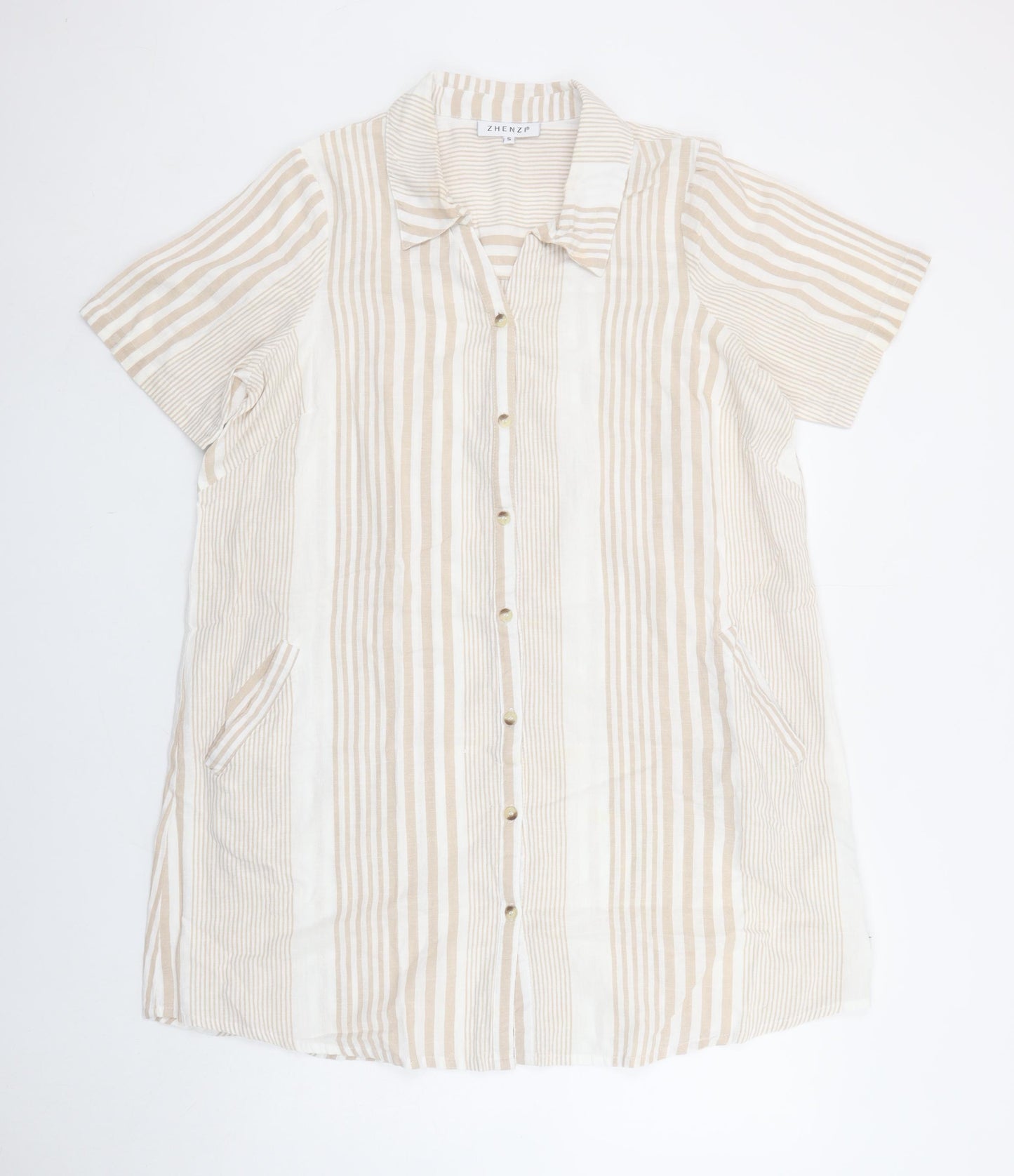 Zhenzi Women’s Beige Striped Shirt Dress Short Sleeve S Cotton Linen