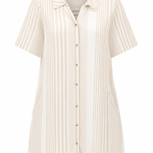 Zhenzi Women’s Beige Striped Shirt Dress Short Sleeve S Cotton Linen