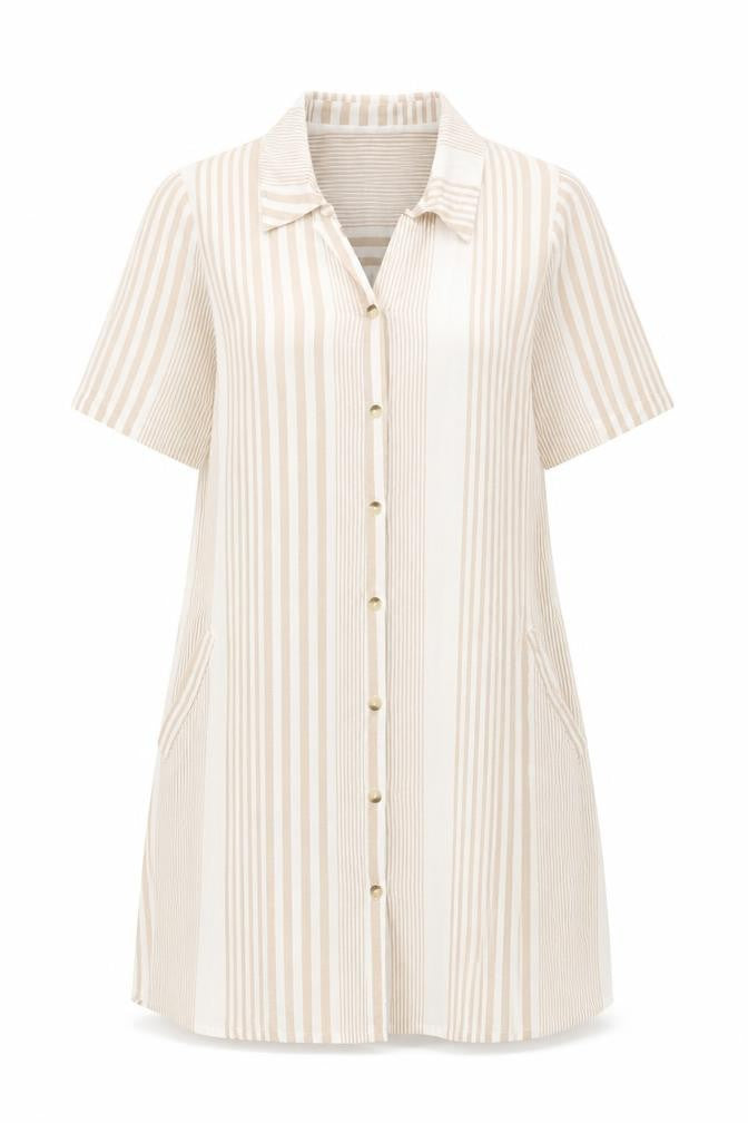 Zhenzi Women’s Beige Striped Shirt Dress Short Sleeve S Cotton Linen