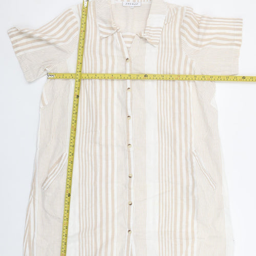Zhenzi Women’s Beige Striped Shirt Dress Short Sleeve S Cotton Linen